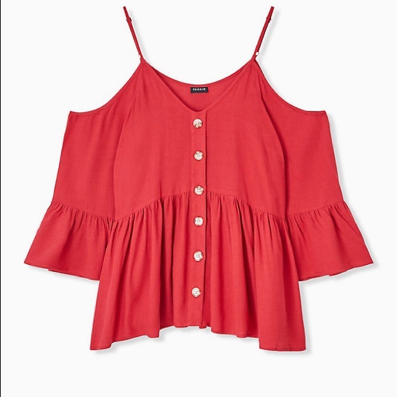 torrid Tops - TORRID- RED GAUZE BUTTON COLD SHOULDER TOP (NWT)